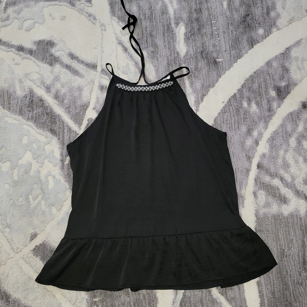 Elegant Black Beaded Halter Peplum Camisole Size M